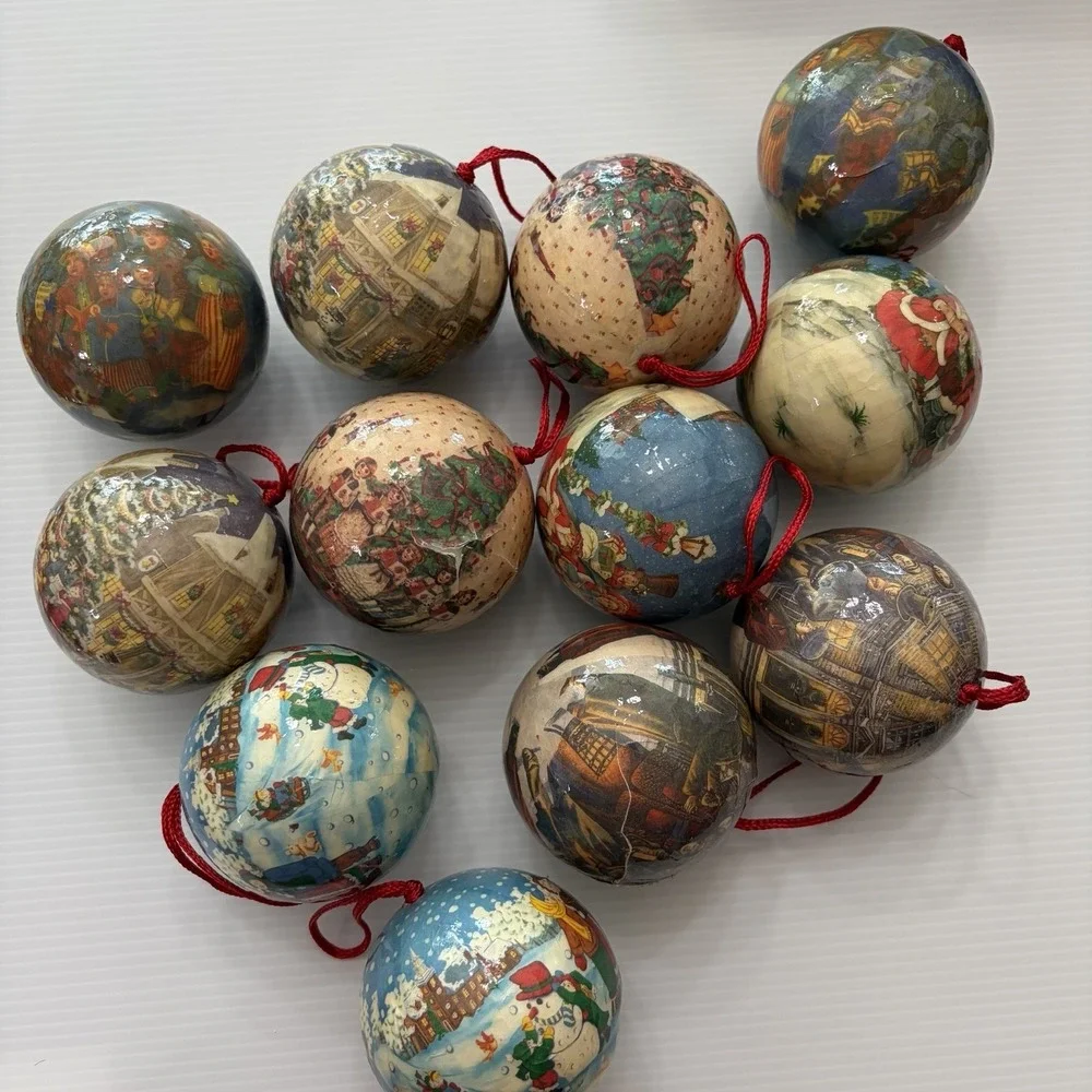 Lot If 12 Vintage Decoupage Christmas Ball Ornaments Victorian Carolers Folk Art
